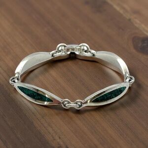 Taxco Vintage 925 Sterling Silver Turquoise Inlay Panel Bracelet 7.5” 27g